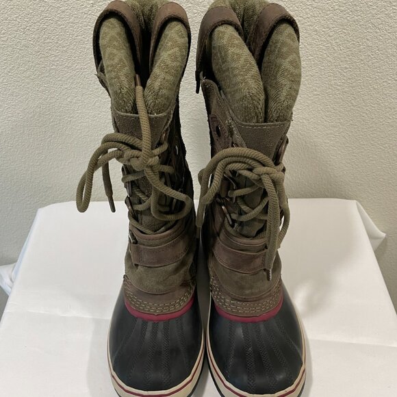 SOREL "Joan of Arctic Premium" Waterproof Boot Olive/Black/Multi Women Size 7.5 - Picture 2 of 16